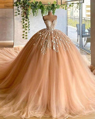 Applique Tulle Pleated Sweetheart Champagne Ball Gown Evening Dresses