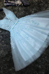 Lovely Blue Tulle V Neckline Short Party Dresses, Tulle With Lace Homecoming Dresses