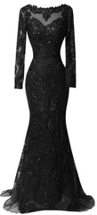 Custom Long Sleeves Prom Dresses, Charming Beading Evening Dresses, Lace Mermaid Prom Dresses