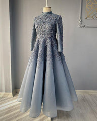 Modest Blue Prom Dresses, Lace Emroidery Evening Dresses