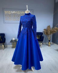 Modest Blue Prom Dresses, Lace Emroidery Evening Dresses