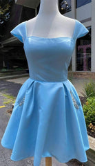 Cap Sleeves Light Blue Satin Short Homecoming Dresses, With Beaded Bodice