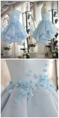 Light Blue Satin Organza Short Party Dresses, Cute Homecoming Dresses