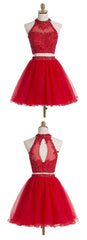 Two Piece Scoop Short Red Organza Beaded Homecoming Dresses, With Appliques Sequins