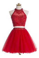 Two Piece Scoop Short Red Organza Beaded Homecoming Dresses, With Appliques Sequins