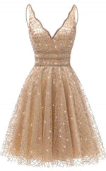 A Line V Neck Knee Length Gold Sequins Homecoming Dresses, With Beading