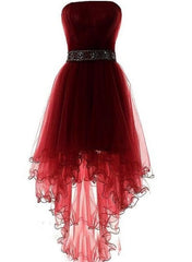 Wine Red Homecoming Dresses, Burgundy High Low Party Dresses, With Beadings