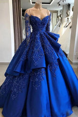 Unique Blue Lace Long Prom Dresses, Blue Long Evening Dresses