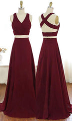 V Neck Burgundy Party Dresses, Criss Cross Straps Chiffon Two Piece Prom Dresses