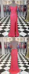 Spaghetti Straps Coral Pink Sequin Mermaid Prom Dresses, With Slit