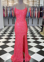 Spaghetti Straps Coral Pink Sequin Mermaid Prom Dresses, With Slit