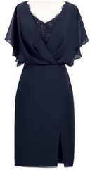 Sheath V Neck Short Navy Blue Chiffon Mother Of The Bride Homecoming Dresses, With Beading