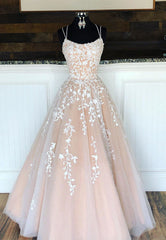 A-Line Long Lace Prom Dresses, Cute Lace-Up Evening Dresses