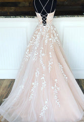 A-Line Long Lace Prom Dresses, Cute Lace-Up Evening Dresses