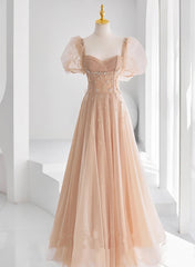 Chamapgne Beaded Short Sleeves Tulle A-line Prom Dresses, Champagne Party Dresses