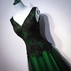 Chaming Black and Green Tulle V-neckline Long Party Dresses, V-neckline Prom Dresses