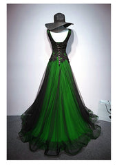 Chaming Black and Green Tulle V-neckline Long Party Dresses, V-neckline Prom Dresses