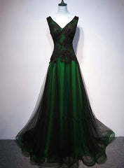 Chaming Black and Green Tulle V-neckline Long Party Dresses, V-neckline Prom Dresses