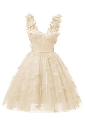 Vestido de renda de renda de borboleta 3D Champagne para adolescentes mini vestidos de baile curtos