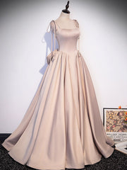 Champagne A-Line Satin Long Prom Dresses, Champagne Evening Dresses