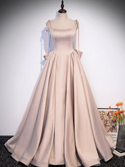 Champagne A-Line Satin Long Prom Dresses, Champagne Evening Dresses