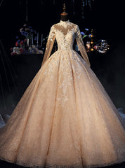 Champagne Ball Gown High Neck Long Sleeve Wedding Dresses With Long Train