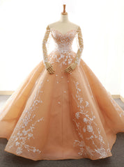 Champagne Ball Gown Off The Shoulder Long Sleeve Wedding Dresses