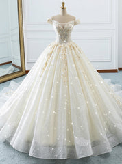 Champagne Ball Gown Off The Shoulder Tulle Sequins Wedding Dresses