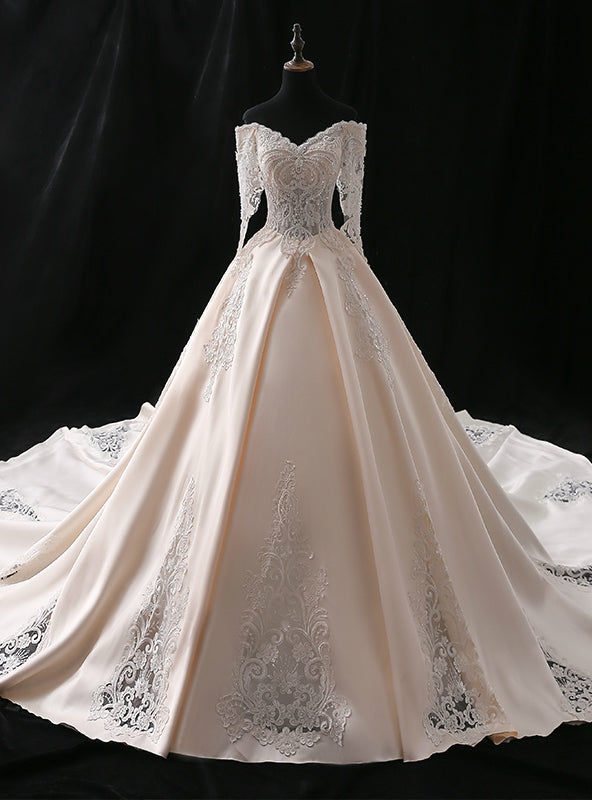 Champagne Ball Gown Satin Appliques Off The Shoulder Wedding Dress