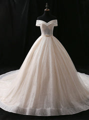 Champagne Ball Gown Sequins Off The Shoulder Long Train Wedding Dresses