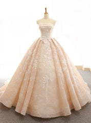 Champagne Ball Gown Strapless Lace Floor Length Wedding Dresses