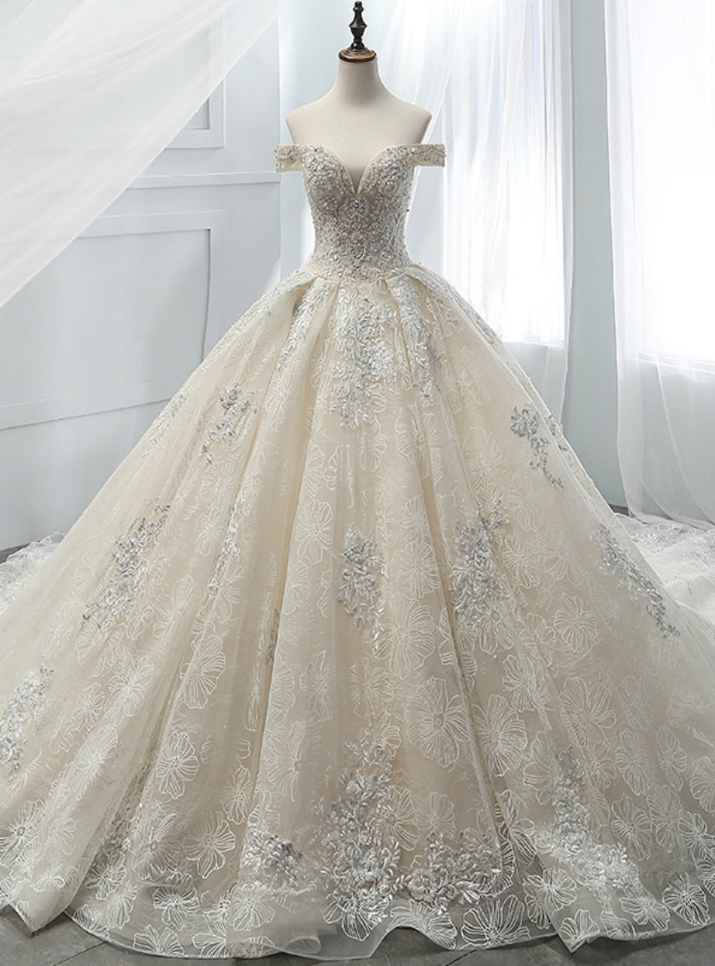 Champagne Ball Gown Tulle Appliques With Beading Off The Shoulder Wedding Dress