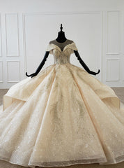 Champagne Ball Gown Tulle Sequins Cap Sleeve Backless Wedding Dresses With Train