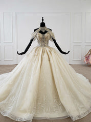 Champagne Ball Gown Tulle Sequins Off the Shoulder Wedding Dresses With Beading Sequins