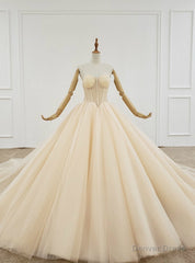 Champagne Ball Gown Tulle Sweetheart Pleats Wedding Dress