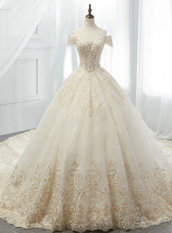 Champagne BallGown Tulle Appliques Off The Shoulder Wedding Dress