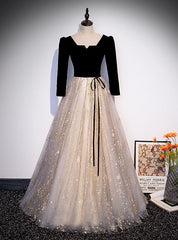 Champagne Black Tulle Short Sleeve Sequins prom Dresses