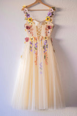 Champagne Corset Floral Tulle Short Prom Dresses, Cute Champagne Homecoming Dresses