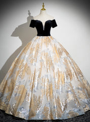 Champagne Embroidery Black Velvet Quinceanera Dresses