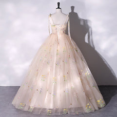 Champagne Floral Tulle Straps Sweetheart Long Party Dresses, Ball Gown Sweet 16 Dresses