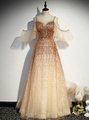 Champagne Gold Sequins Flying Sleeve Prom Dresses