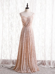 Champagne Gold Seuqins Spaghetti Straps Prom Dress