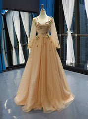 Champagne Gold Tulle Sequins Long Sleeve Appliques Prom Dress