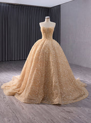 Champagne Gold Tulle Sequins Strapless Prom Dresses