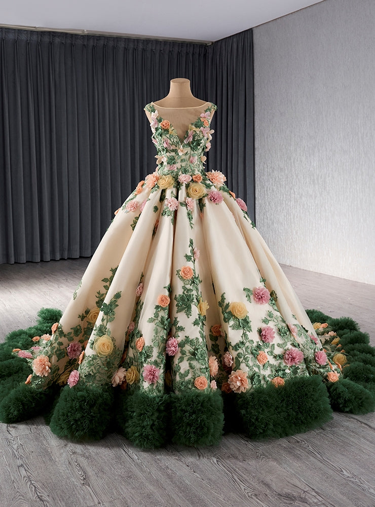 Champagne Green Tulle 3D Flower Prom Dress