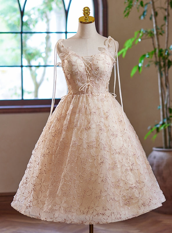 Champagne Lace Spaghetti Straps Homecoming Dress