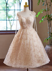 Champagne Lace Spaghetti Straps Homecoming Dress