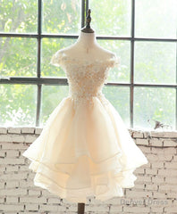 Champagne Lace Tulle Short Prom Dress, Homecoming Dress