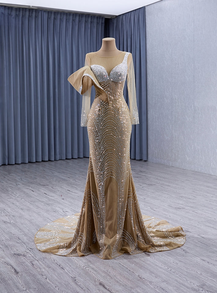 Champagne Mermaid Long Sleeve Beading Prom Dress