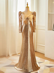 Champagne Mermaid Sequins Long Sleeve Prom Dresses